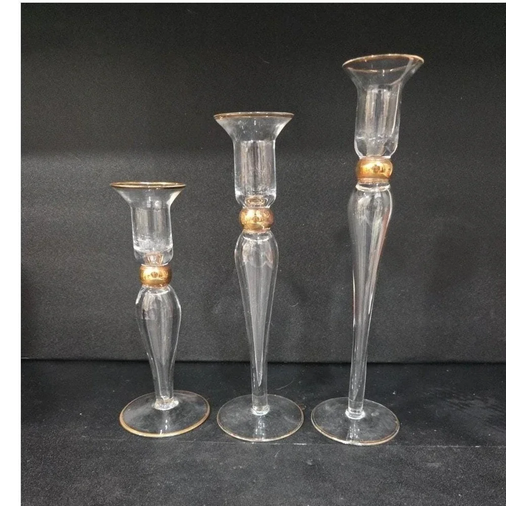 Long-Stemmed Fluted Glass Candlestick Holders, Set of 3 Vintage Gold-Rim Holiday
